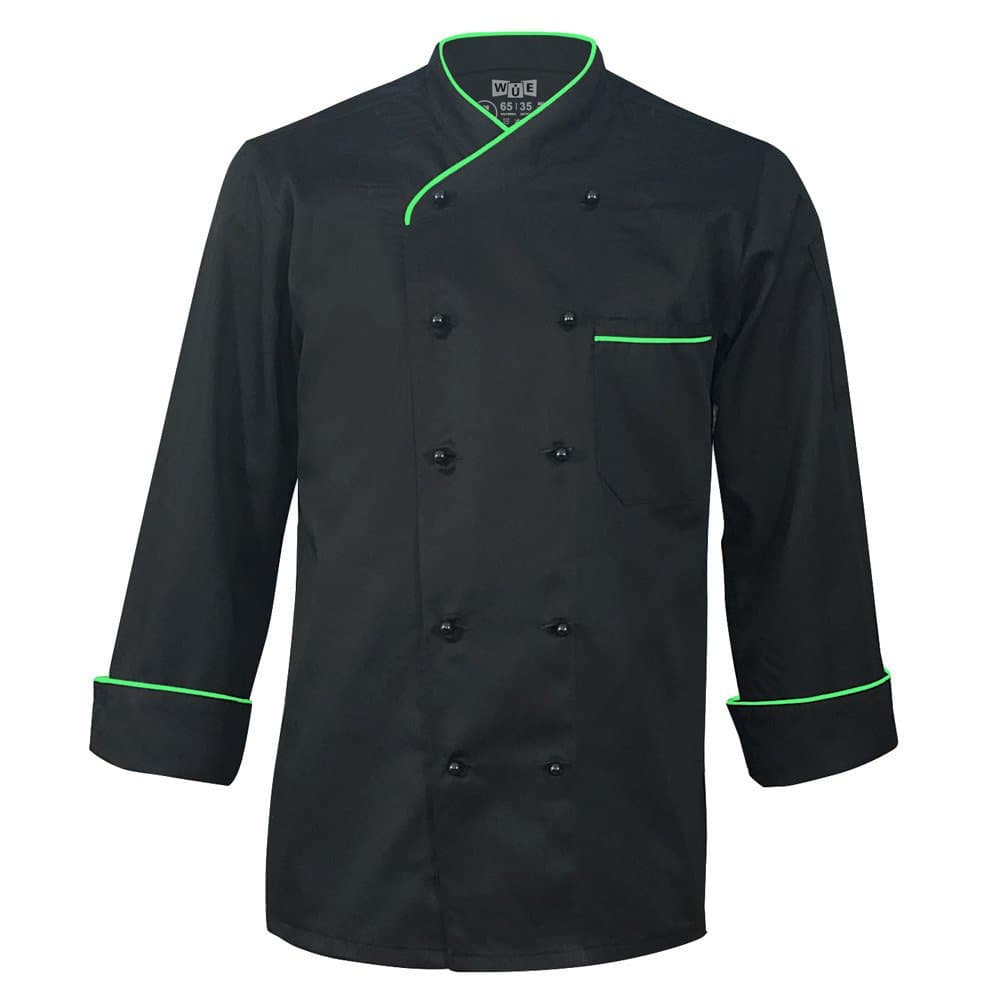 Long Sleeve Black Chef Jacket with Neon Green Piping