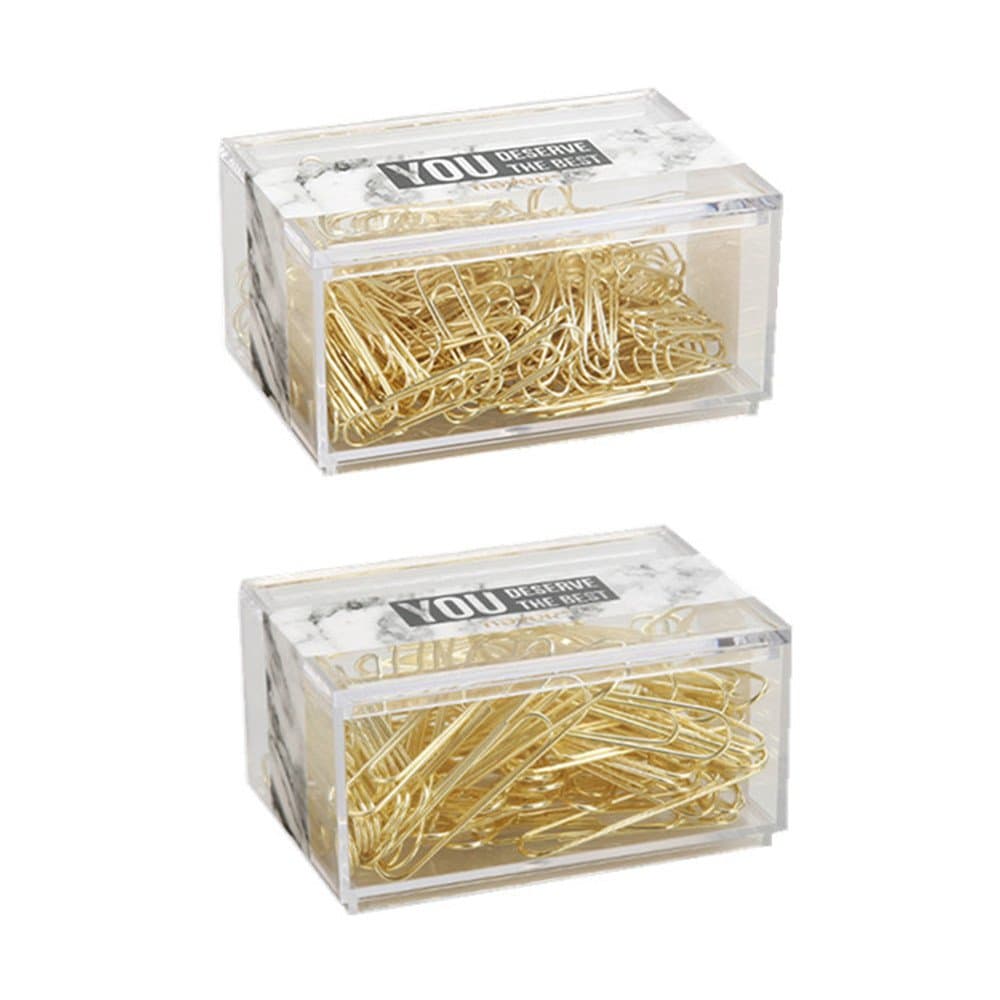 Gold Premium Paper Clips in Reusable Acrylic Paperclip Dispenser Holder with Marble White Belt Smooth 200pcs 1-1/8" Medium and 70pcs 2" Large (Medium + Large Size)