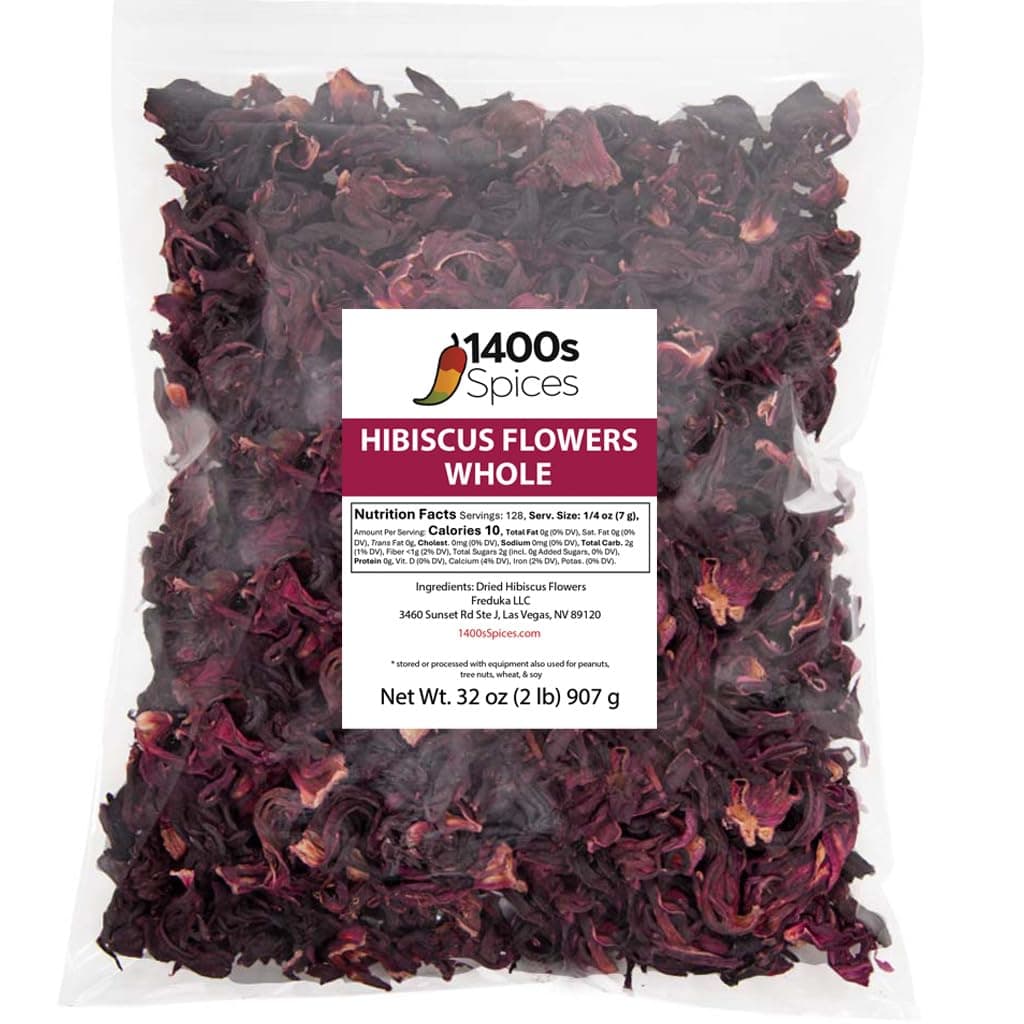 2lb Dried Hibiscus Flowers Bulk perfect for Tea and Mexican Agua Fresca, Flor de Jamaica, Zobo Sorrel Whole Flowers and Petals by 1400s Spices