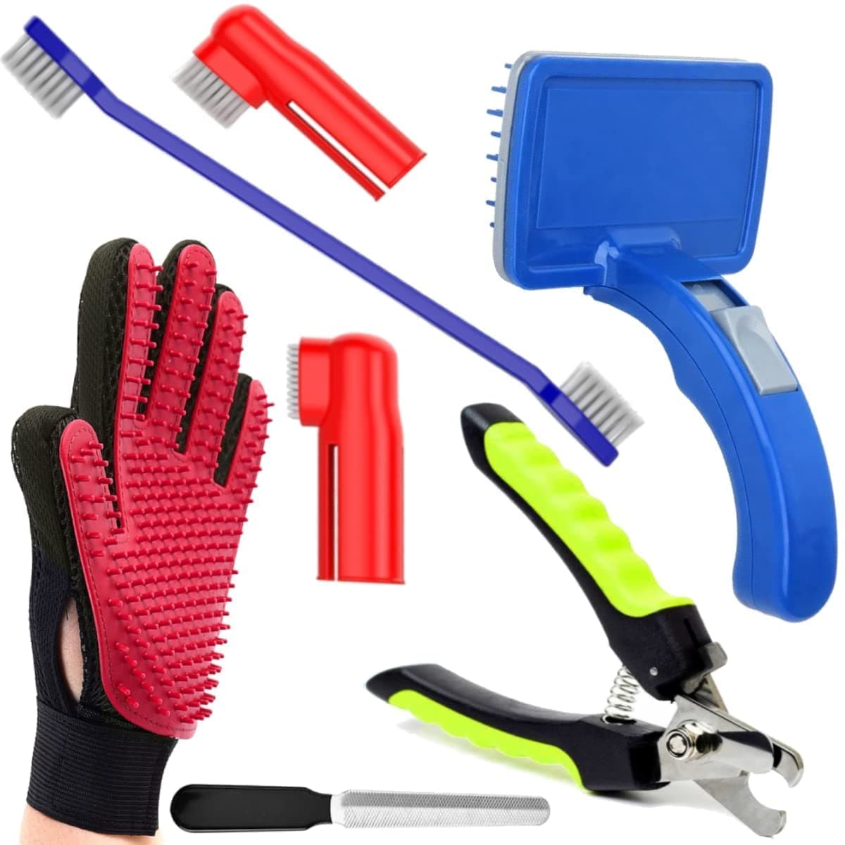 RvPaws Dog Grooming Kit - Dog Nail Clippers with Filer + Dog Toothbrush Kit + Dog Plastic Slicker Brush with Press Key for Puppies and Dogs + Pet Grooming Glove for Dog, Puppy, Cat - 4 in 1 Dog Combo