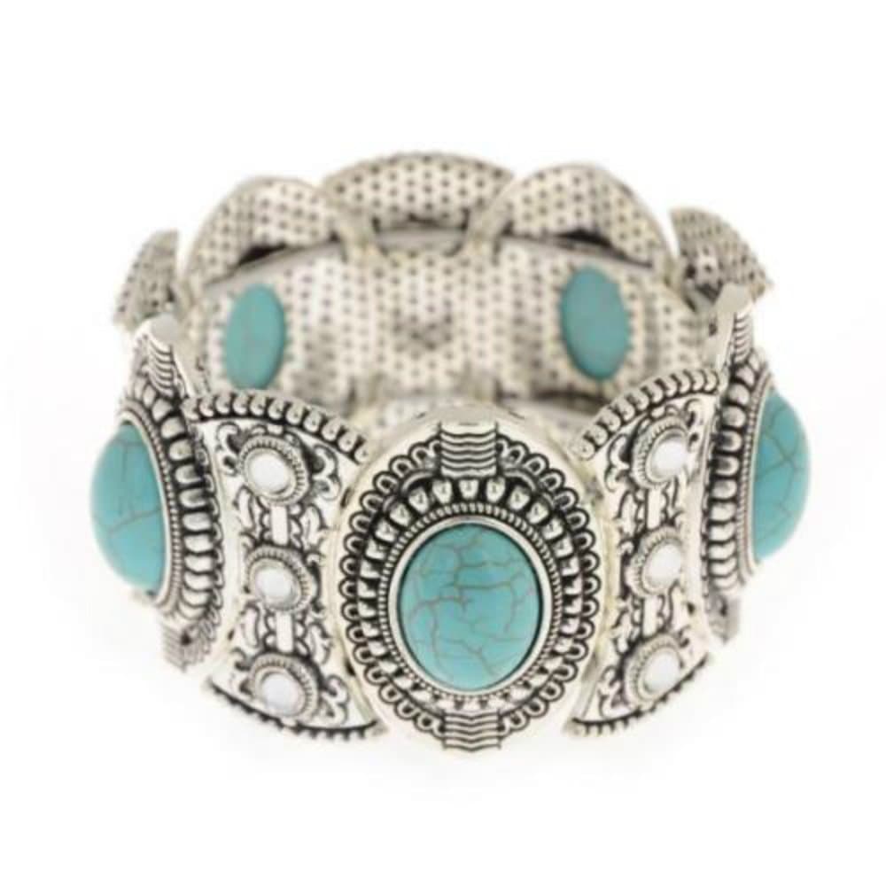 ElfKat ~ BOHO Statement Bracelet Valentine’s Day Tibetan Silver & Faux Turquoise ~ Stretch Style ~ Chic Gift For Women