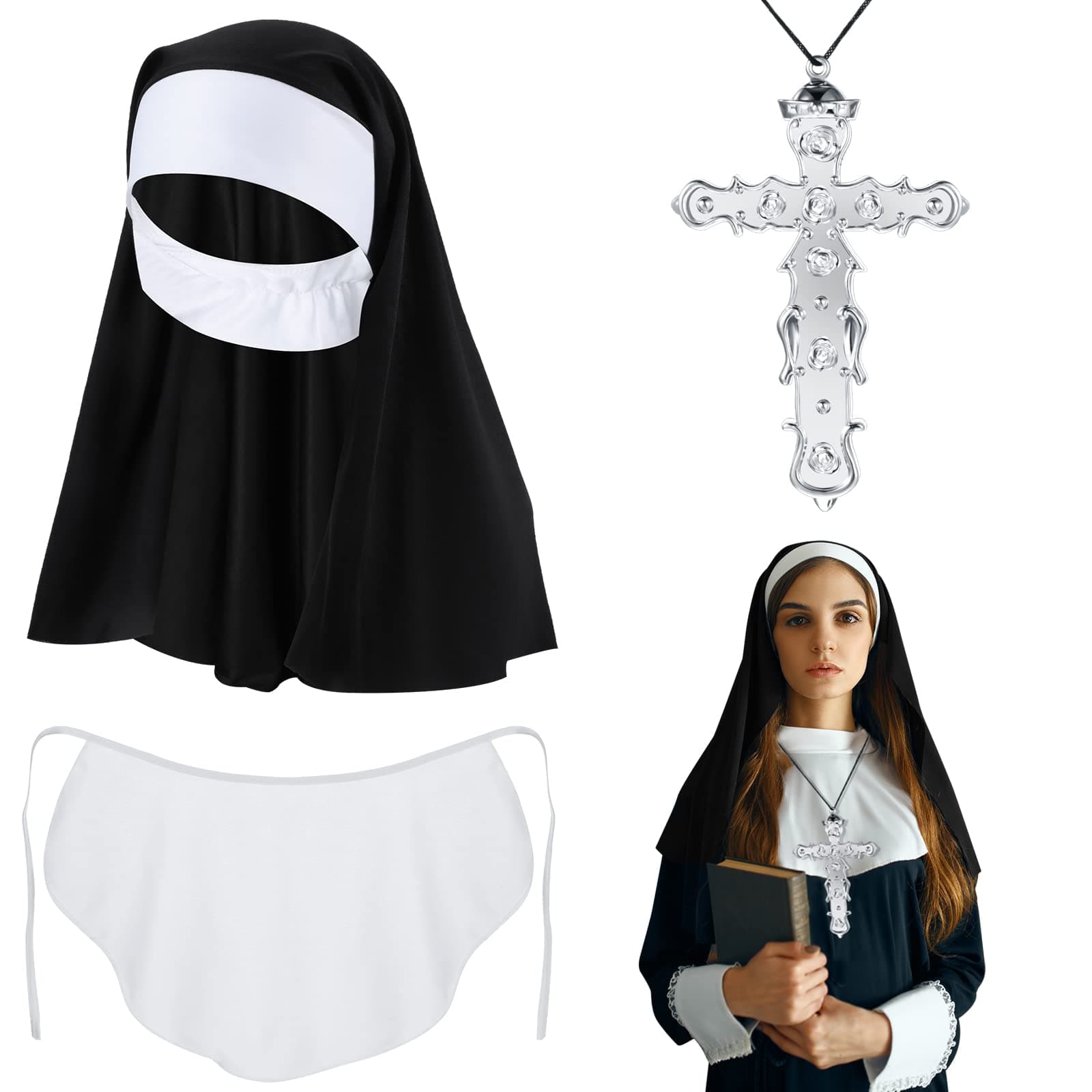 Sintege 3 Pieces Halloween Nun Costumes for Women Outfit Include Headpiece, Crossing Necklace and Collar Accessories for Adult Ladies Dress, One Size