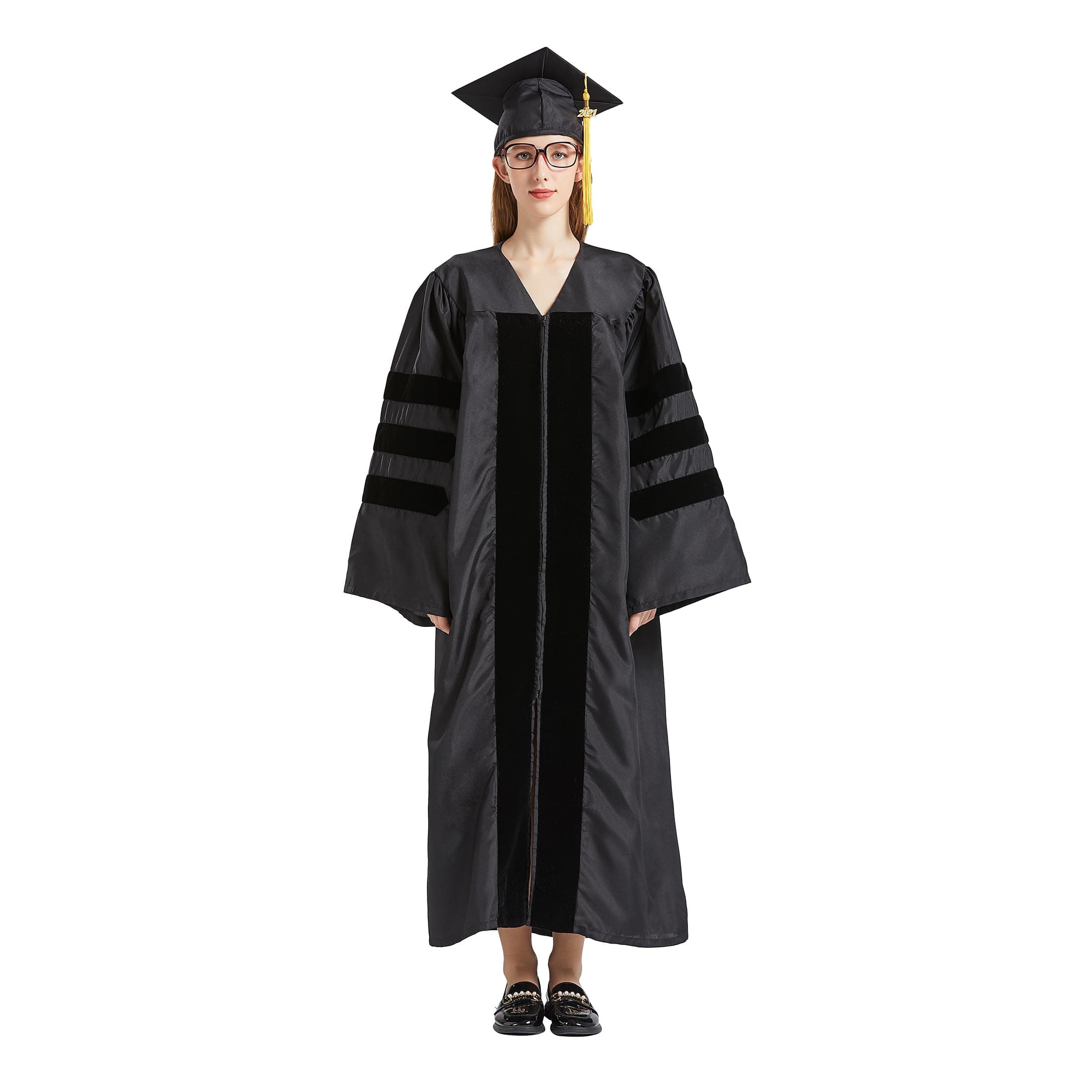 GRADWYSE Doctoral Cap and Gown 2024 Golden Tassel for PhD Graduates Faculty Common Fit Unisex Matte Unisex Black
