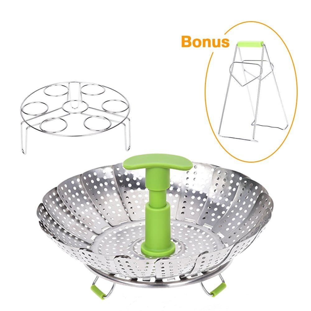 Vegetable Steamer Basket - Steam Rack Basket Set for Instant Pot Pressure Cooker, Food Grade Stainless Steel, Expandable Steam Basket Fit Various Size Pot, Egg Steaming Rack BONUS Hot Plate Bowl Clamp
