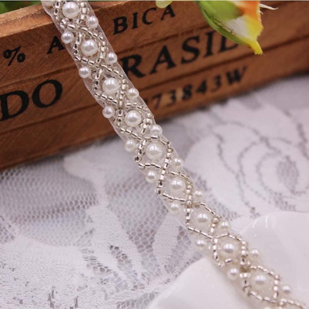 2 Yards 1cm Pearl Beaded Trim Bridal Lace Ribbon Trimming Edge Straps for Wedding Dress Sewing Crystal Rhinestone Applique Craft DIY Decoration （1# White）