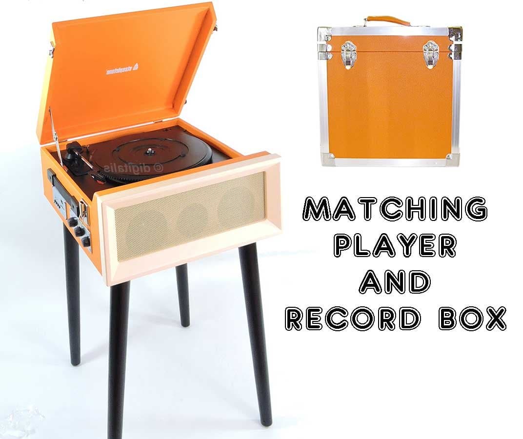 Record Player and Matching Record Storage Box 3 Speed Retro Turntable with Radio,mp3 Playback,Detachable Legs (Orange)