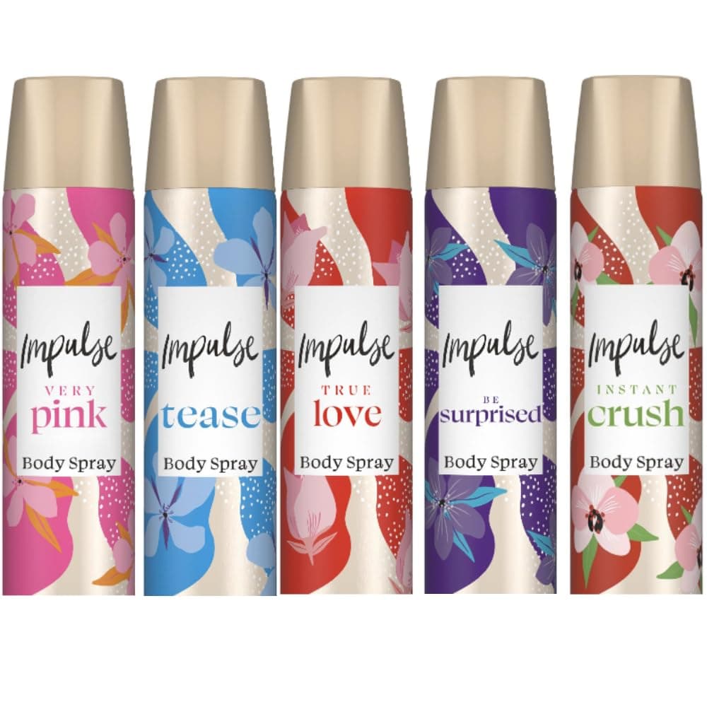 Impulse Body Spray 75ml 5-Pack Gift Set – Tease, Very Pink, True Love, Be Surprised & Instant Crush – Women’s Fragrance Sprays – Packed by Black Nore Gifts
