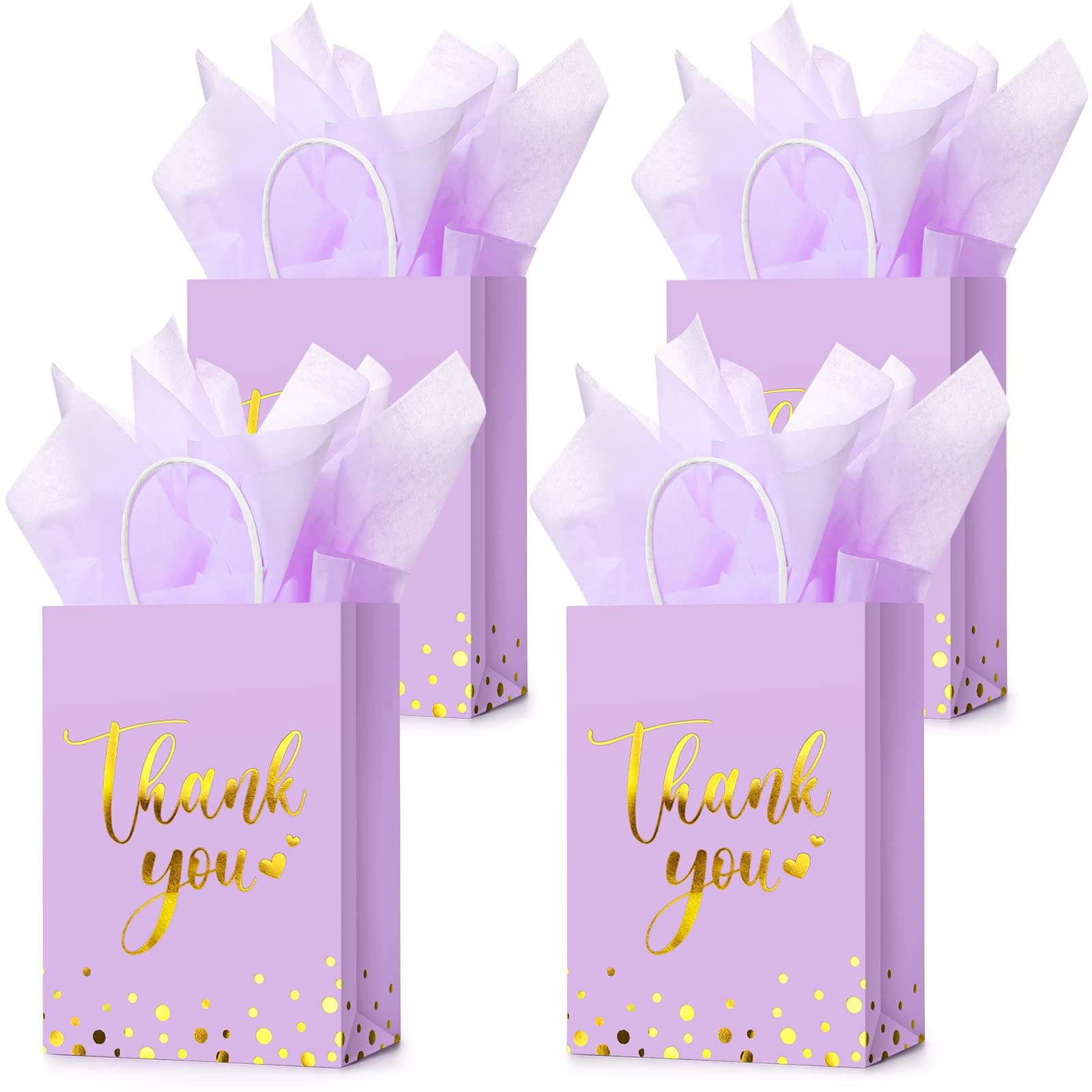 Tinlade 12 Pcs Thank You Gift Bags with Tissue Paper Gold Polka Dots Thank You Gift Bags with Handle for Wedding Birthday Baby Shower Business Shopping Party Supplies and Gifts (Light Purple)
