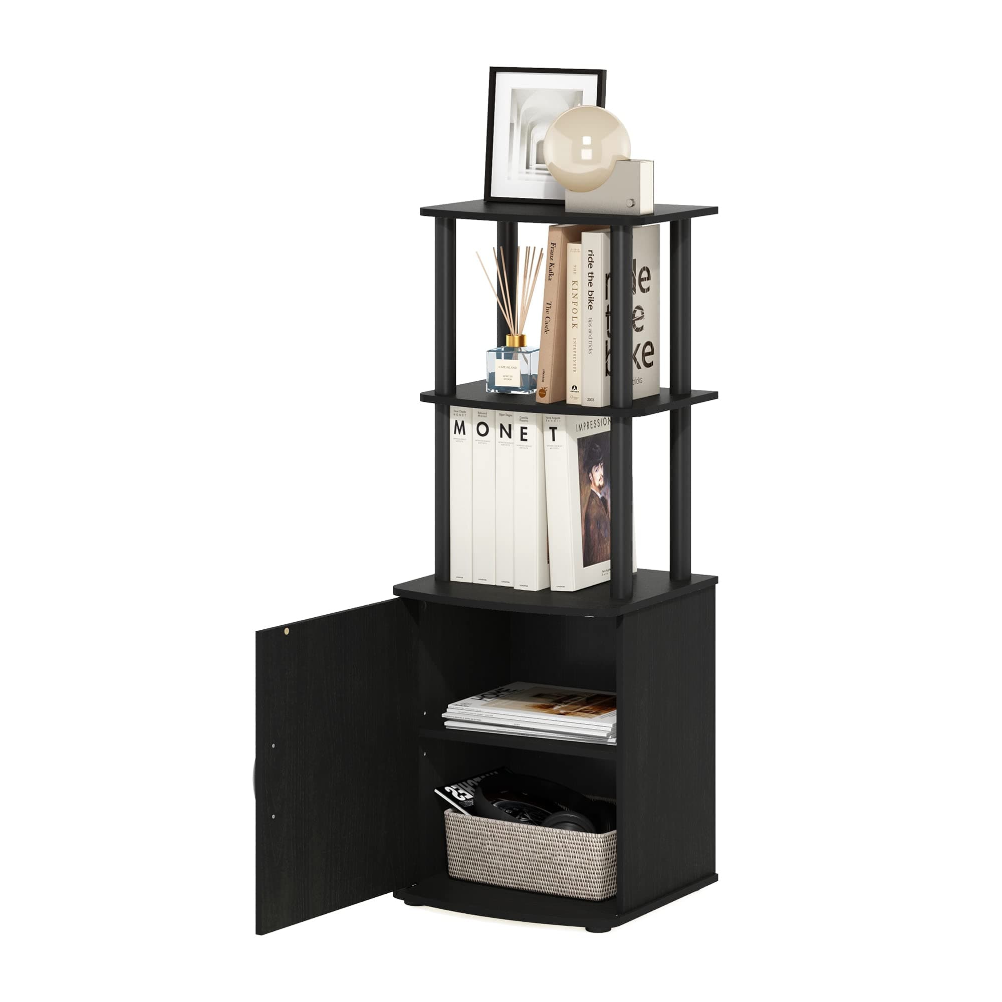 Furinno Turn-N-Tube Tall TV Entertainment Side Table Display Rack with Storage Cabinet, 2-Tier, Blackwood/Black