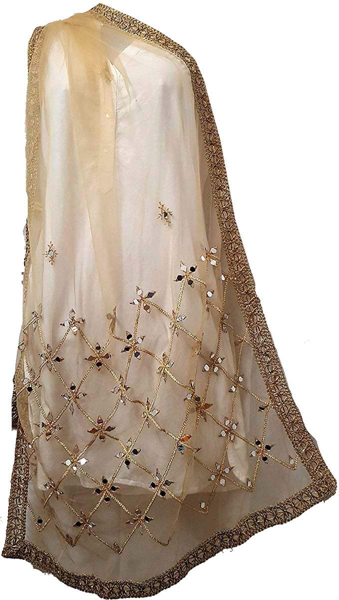 indianbeautifulstoreIndian Bollywood Mirror Work Gold Net Dupatta Scarf, Shawl, Chunni - Latest Wedding Women's Stole, Wraps With Gold Latkan