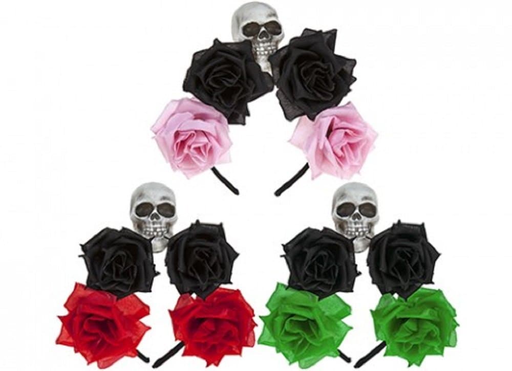 PMS 4 ROSES AND 1 SKULL GLITTER HEADBAND 3ASSTD COLOURS H/TA