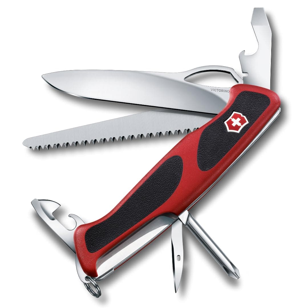 Ranger 78 M Grip Swiss Army Knife, 12 Functions, Swiss Made Pocket Knife with Large Lock Blade, Tweezers and Wood Saw - Red/Black