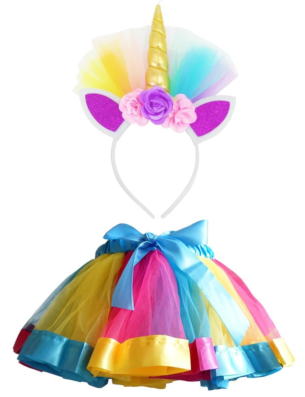 LYLKD Little Girls Layered Rainbow Tutu Skirts with Unicorn Horn Headband