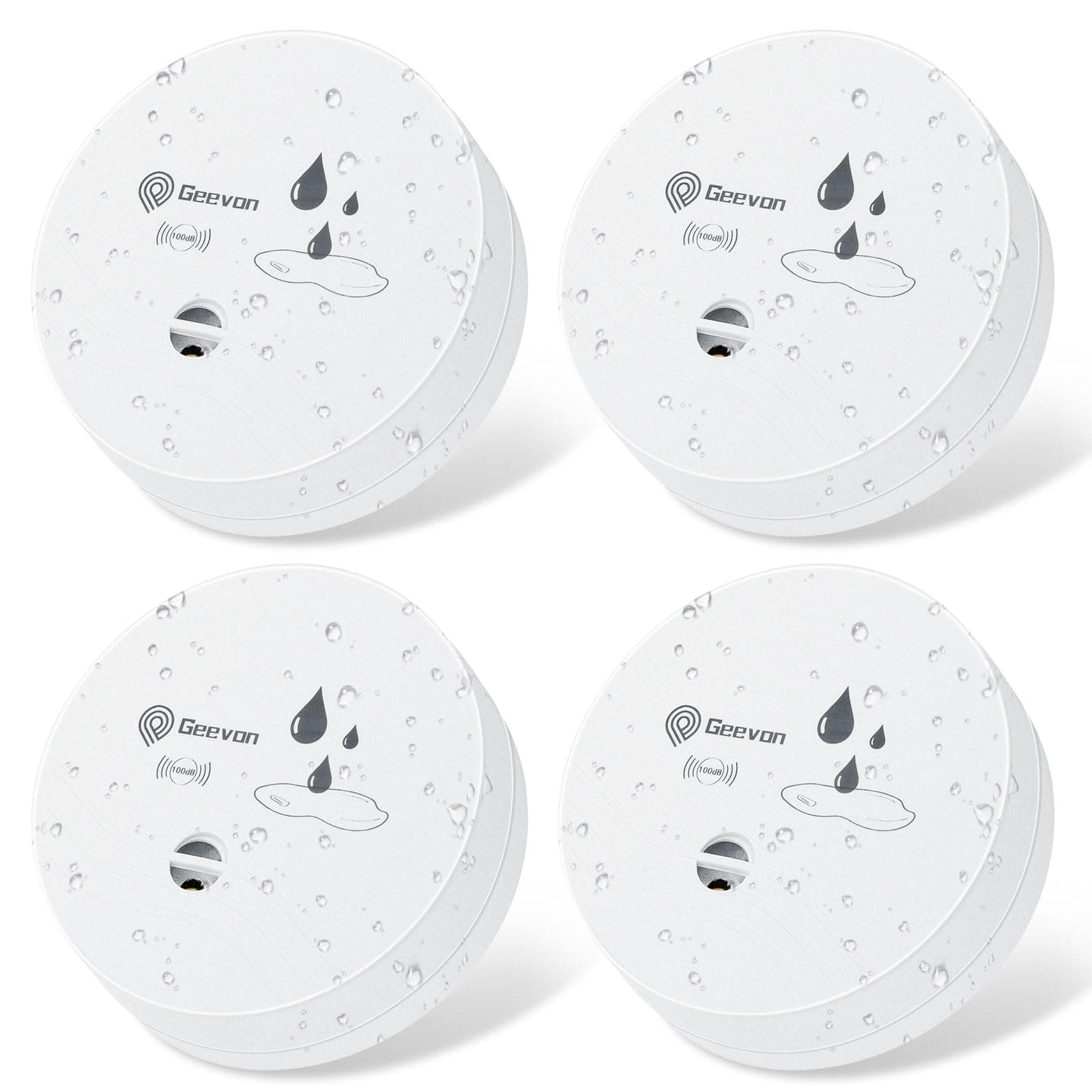 Geevon 4 Pack Water Leak Detector, 100dB Water Sensor Alarm Flood Detector for Basements, Bathrooms, Laundry Rooms, Kitchens, Garages, and Attics, Water Alarm Battery-Operated (Battery Included)
