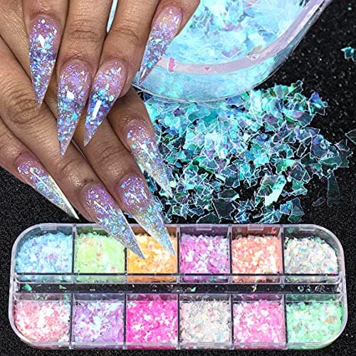 Mermaid Flake Nail Glitter Sequins, CHANGAR Iridescent Ice Slag Colorful Fluorescent Glass Paper Nail Sticker Holographic Nail Glitter for Make Up DIY Nail Decoration
