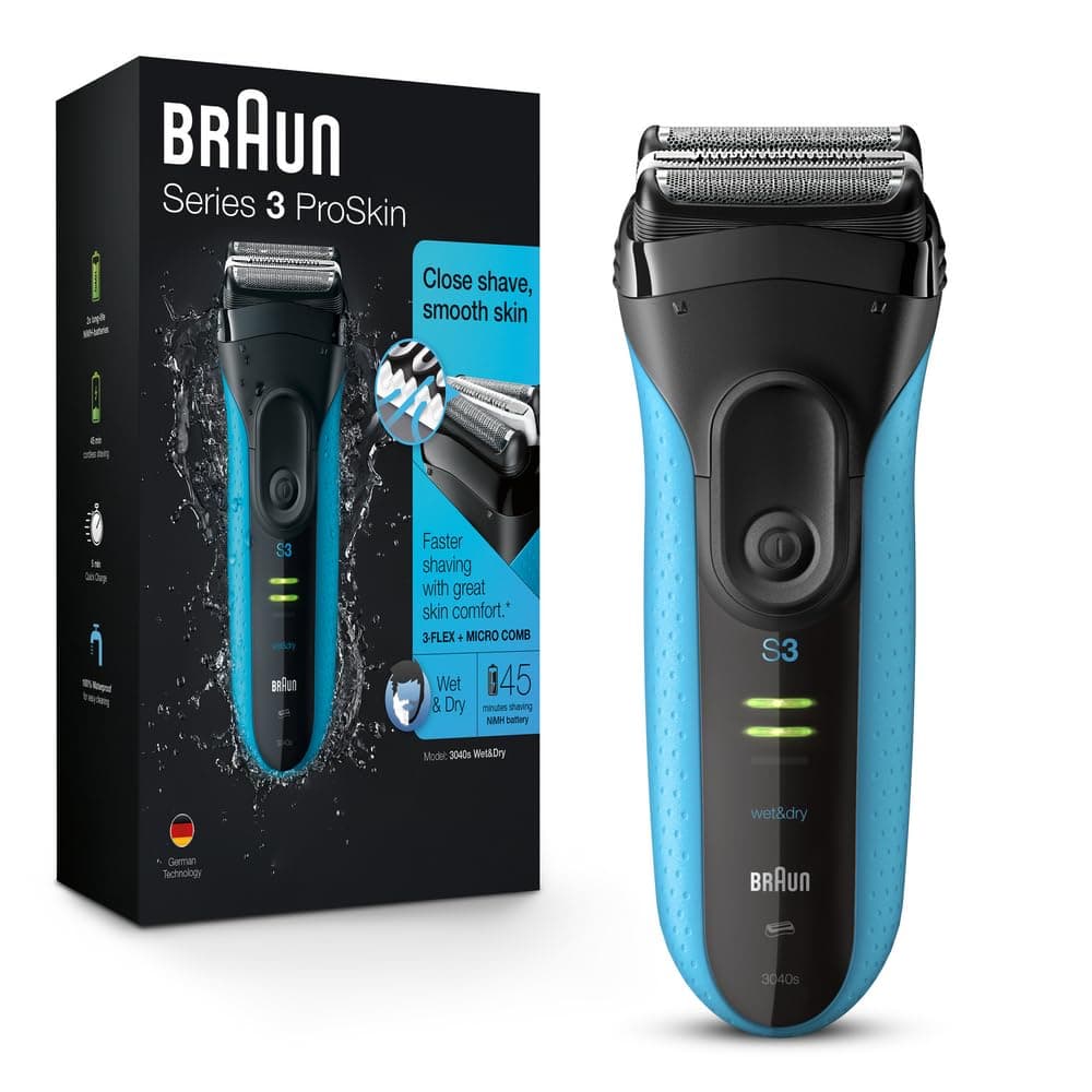 Braun Electric Shaver, Series 3 ProSkin 3040s Men's Electric Razor/Electric Foil Shaver, Rechargeable, Wet & Dry, Blue