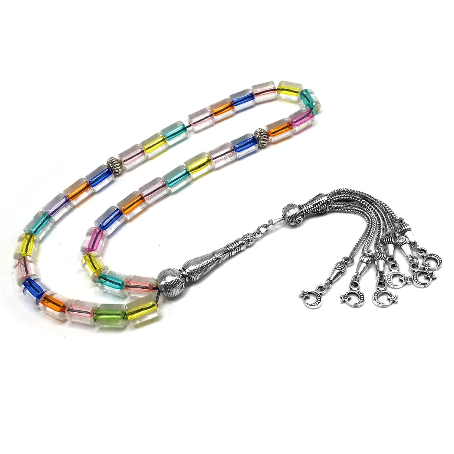 ミックスカラー 透明コラム アクリル ウォーリービーズ、祈りのビーズ、テスビヒ、タスビー、ロザリオ、ミスバハ、マスバハ (10x7.5mm-33ビーズ)