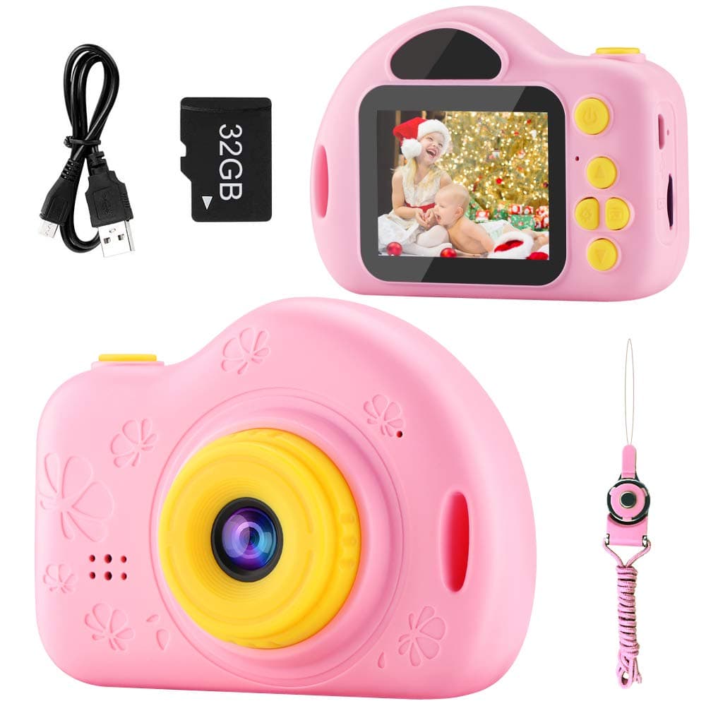 Kids Camera, Digital Video Camera Children Creative DIY Camcorder with Rechargeable Battery Birthday / Christmas / New Year Toy Gifts for 3 4 5 6 7 8 9 10 Year Old Girls with 32GB SD Card