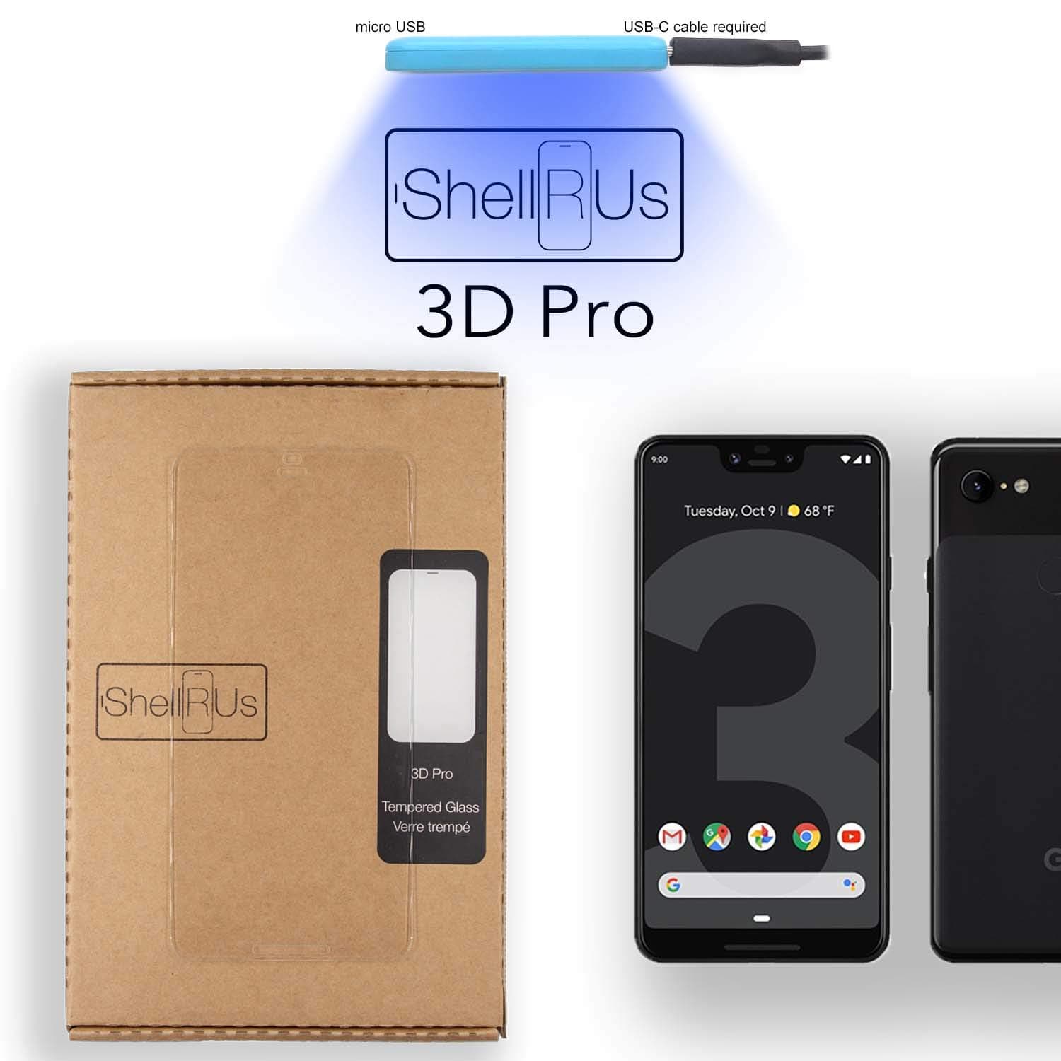 Pixel 3 XL Screen Protector [Shellrus 3D Pro] Full Glue 3D Curved Edge Tempered Glass Screen Protector [UV Cure JellyGlue] DIY Kit for Google Pixel 3 XL, Fix Scratches