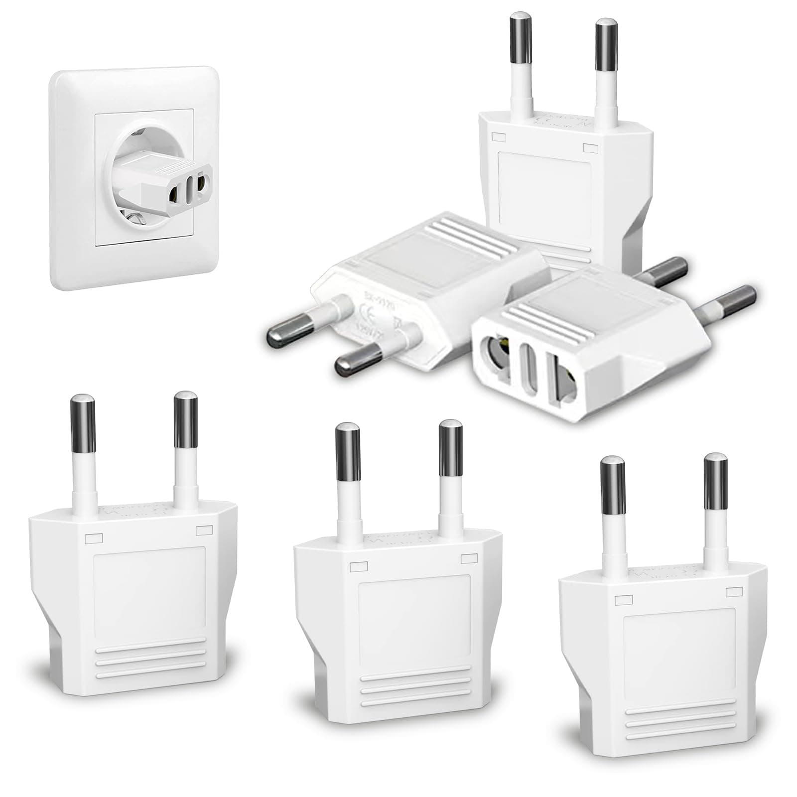 6 Pack European Travel Plug Adapter, US to Europe Plug Adapter, Type C Wall Outlet Converter for Europe, White