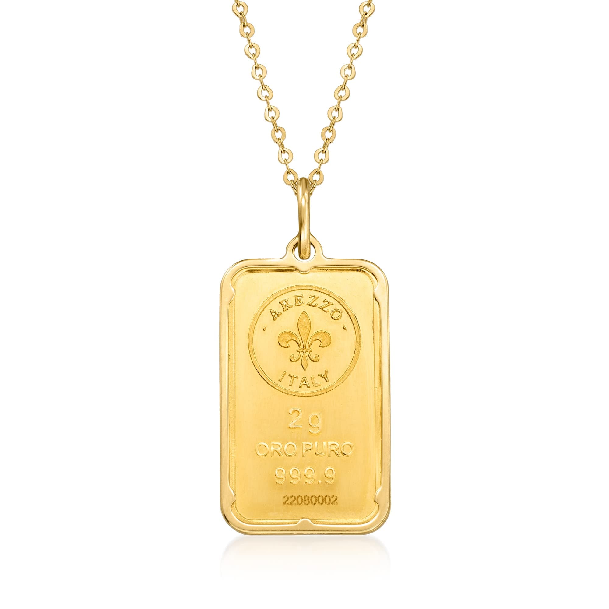Italian 24kt Yellow Gold Fleur-De-Lis 2-Gram Ingot Pendant Necklace With 14kt Yellow Gold Frame