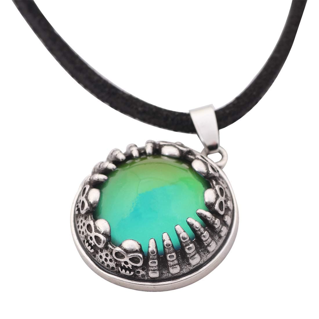 MOJO JEWELRY Mood Stone in Antique Sterling Silver Finish Skull Pattern Pendant Leather Necklace