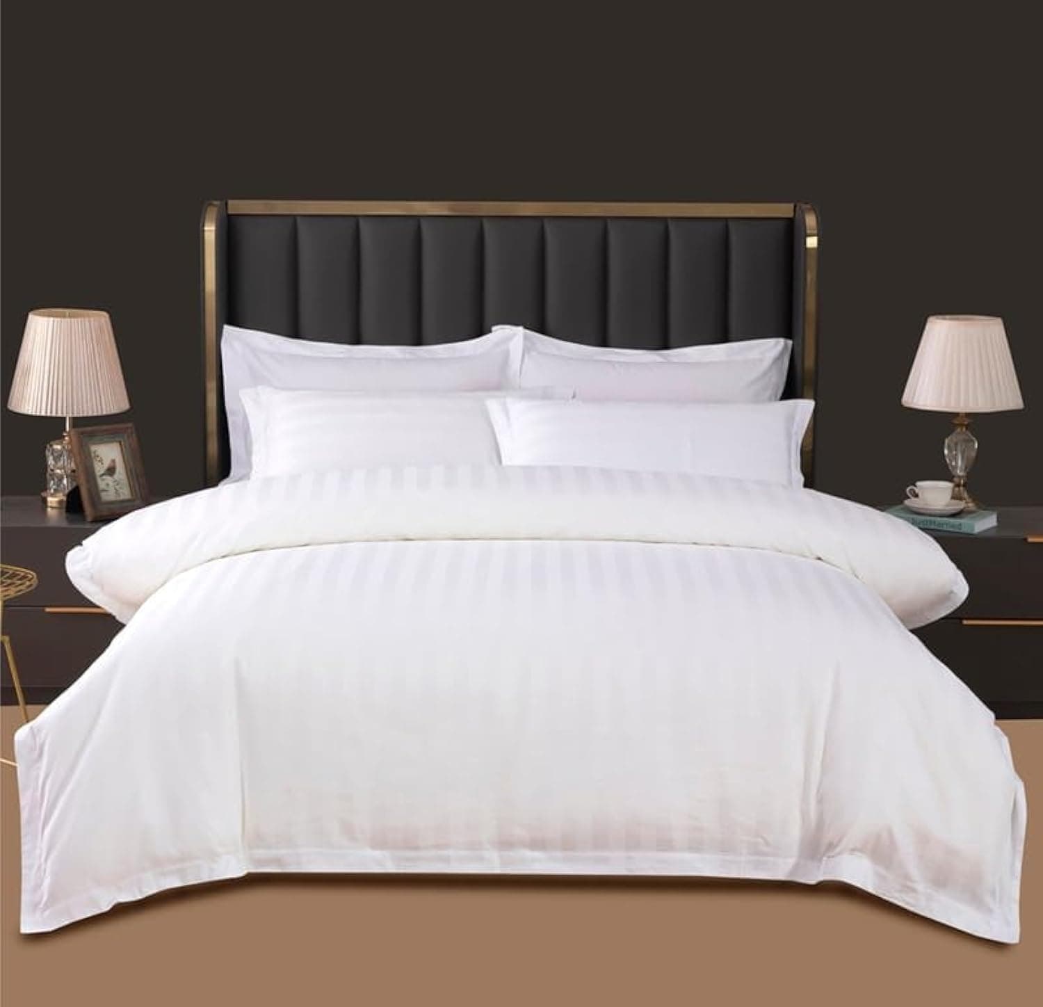 :King Size 6 Pieces Hotel white Duvet Cover Set,Comforter cover Set includes 1 Cotton Duvet Cover 220x240cm (Without Filling) 1 Fitted Bed Sheet 200x20 -4 Pillow Cases 50x75(White Striped)