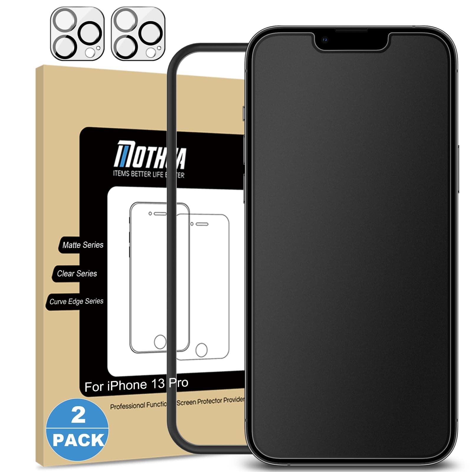 Mothca 2 Pack Matte Glass Screen Protector for iPhone 13 Pro [6.1 inch] with 2 Pack Camera Lens Protector, Anti-Glare & Anti-Fingerprint Tempered Glass Film, Case Friendly Bubble Free Smooth as Silk