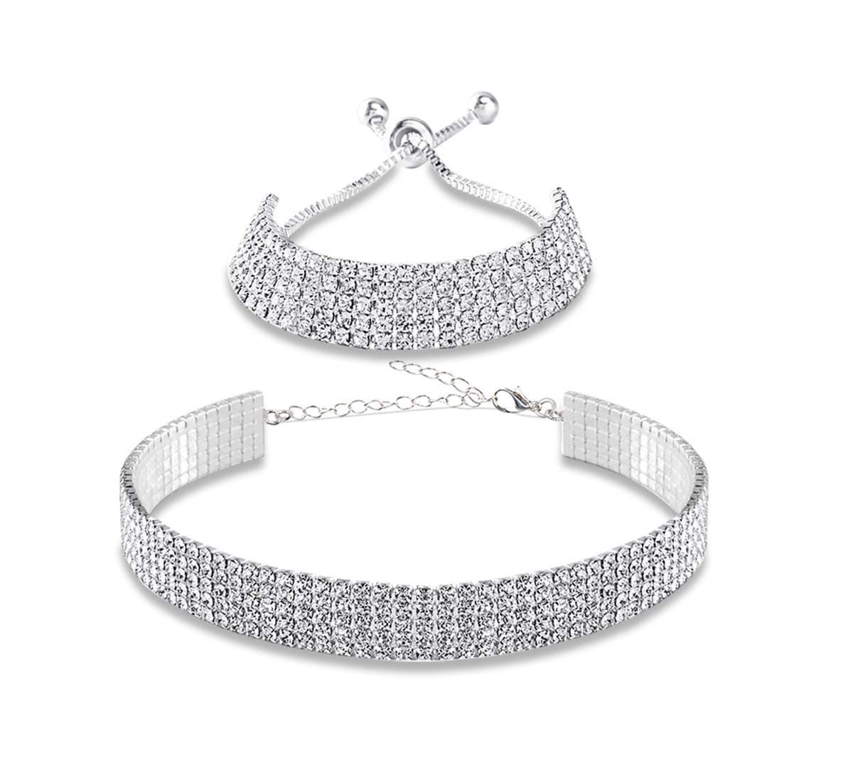 EFTOMRhinestone Choker Necklaces Set Silver Sparkly Diamond Choker Tennis Bracelet Necklace Set for Women