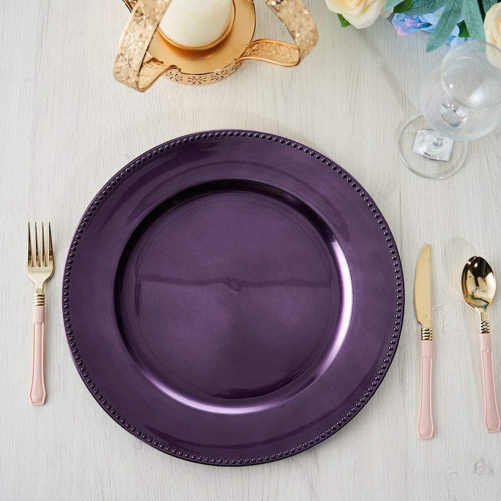 TABLECLOTHSFACTORY 24 pcs 13" Purple Beaded Round Charger Plates