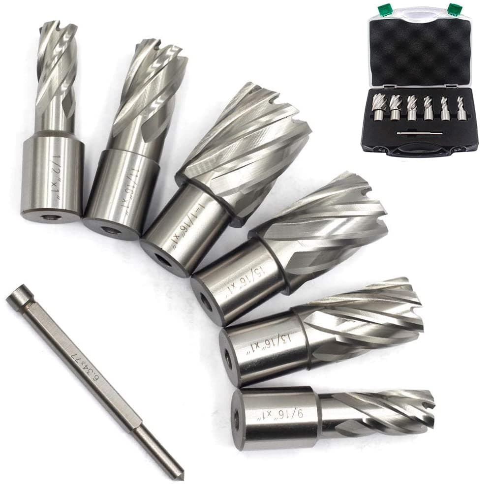 OSCARBIDE Annular Cutter Set 7 Pieces 3/4" Weldon Shank 1"Cutting Depth,1/2 to 1-1/16 inch Diameter,2 Flats Annular Cutters HSS Mag Drill Bits Kit for Magnetic Drill Press with 1 Pieces Pilot Pin