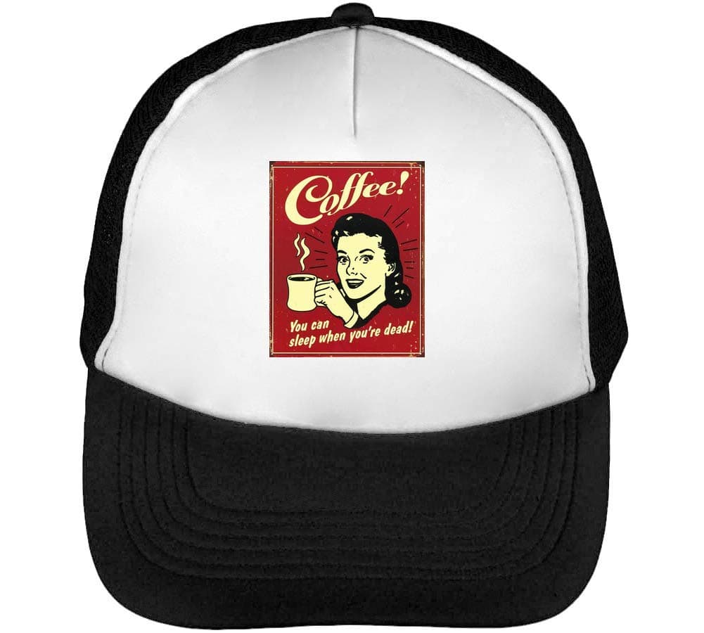 Coffee You Can Sleep When You're Dead Funny Red Vintage Fashioned Artwork Men's Baseball Trucker Cap Hat Snapback Black White