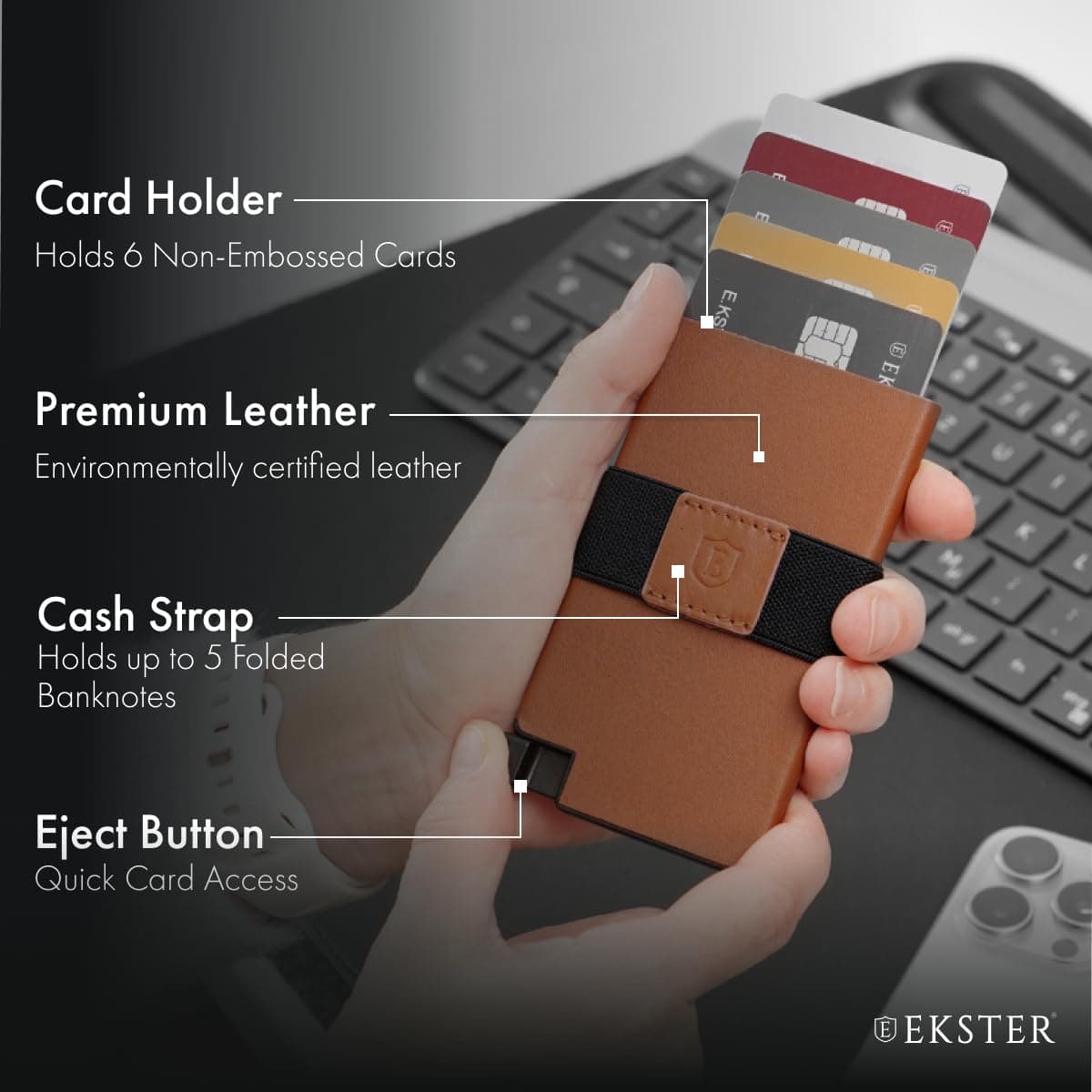 Ekster Senate Caramel Leather RFID-Blocking Slim Wallet for Men | Minimalist Wallet with Quick Card Access & Tracker Compatibility
