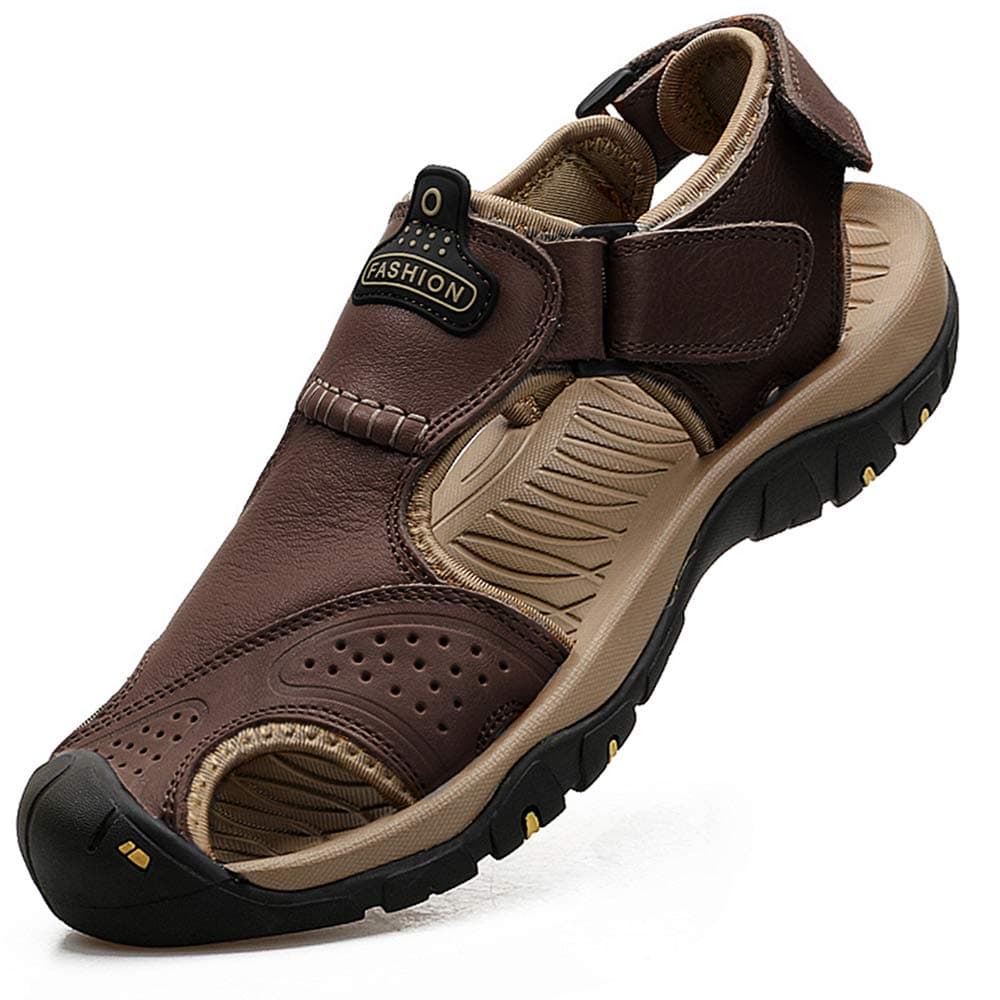 Mens Leather Sandals - Outdoor Hiking & Waterproof Athletic Sports Sandals - Fisherman Beach Shoes with Closed Toe