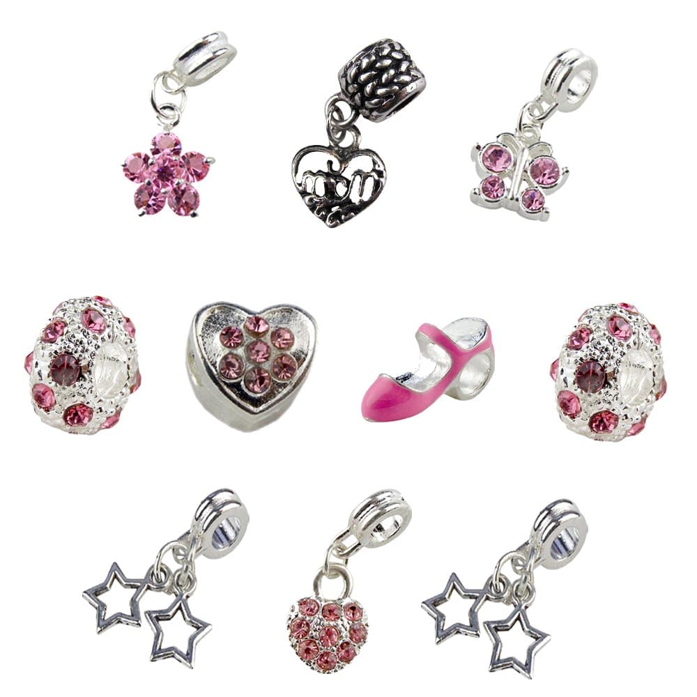 UniqueBeadsAndGiftsSet of 10 Pink Mother Charms & Beads, Mom Charm, Heart Charm, Shoe Charm, Butterfly Charm