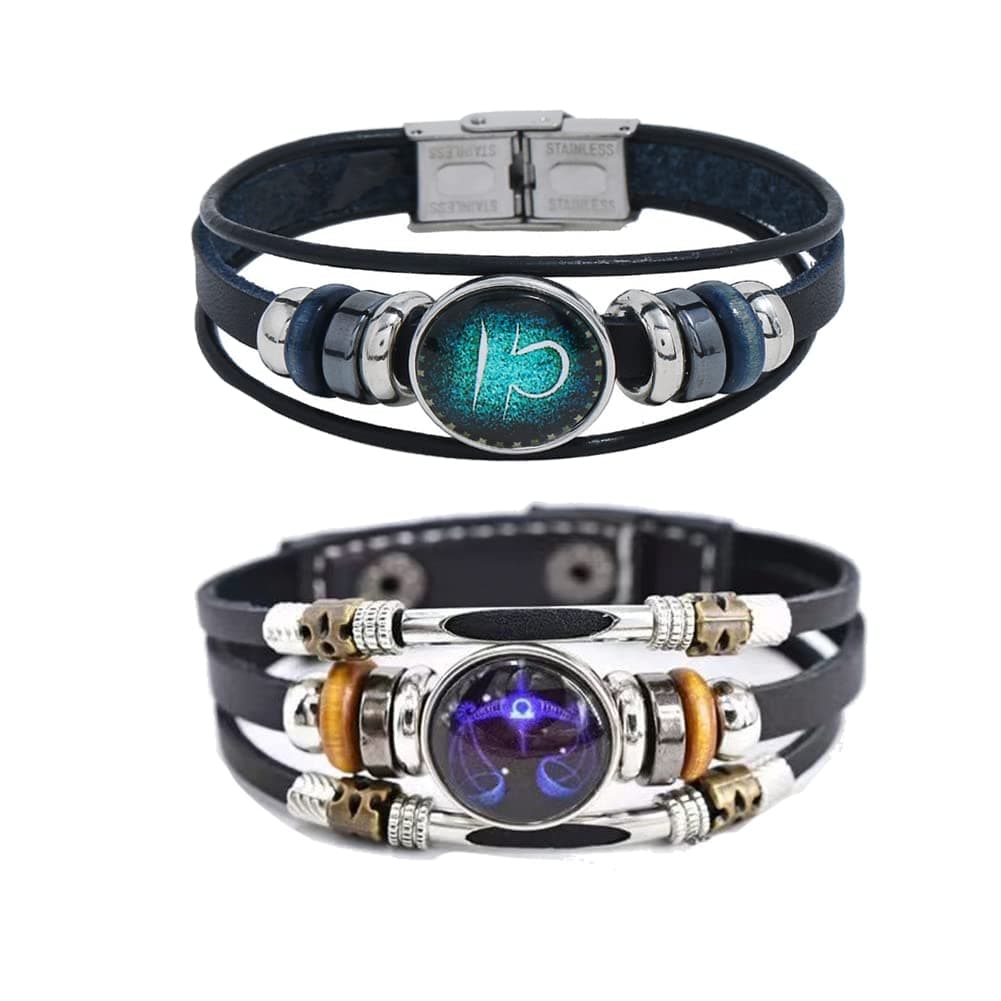 2Pcs Multilayer Constellation Zodiac Leather Bracelet Handmade Woven Zodiac Sign Wrap Bracelet Wristband for Women Men Jewelry Birthday Gift