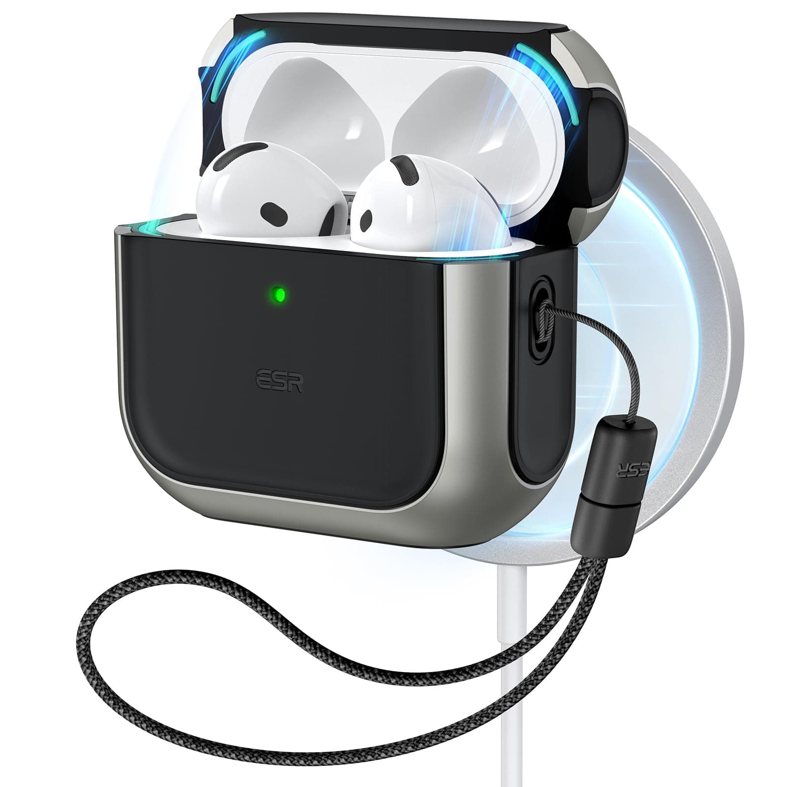 ESR for AirPods 4 Case, Compatible with AirPods 4th Generation Case (2024) (USB-C), Compatible with MagSafe, Drop Protection Cover with Lanyard, Magnetic Lid Lock, Orbit Hybrid Series, Titanium