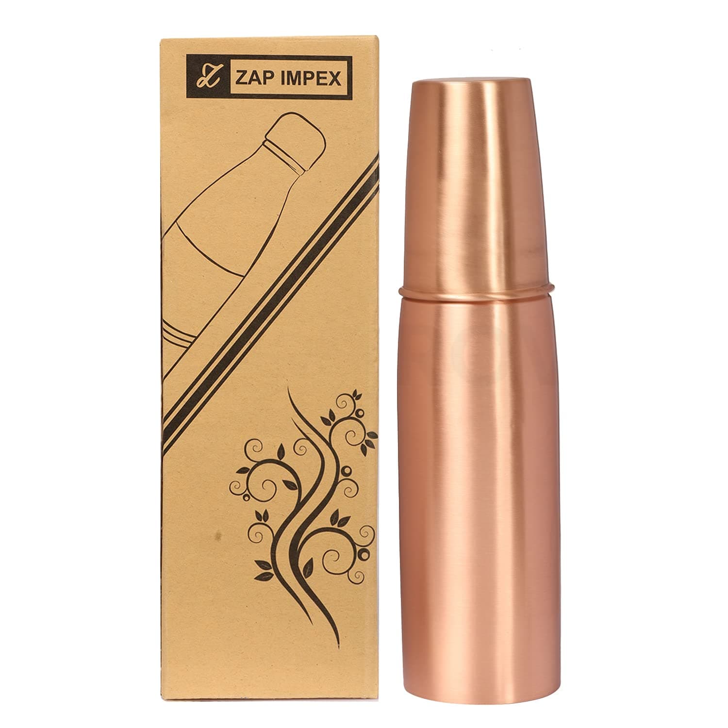 Zap Impex Travellers 100% Pure Copper Water Bottle with Glass for Ayurvedic Benefits - Designer Water Pitcher Bottles, Joint Free