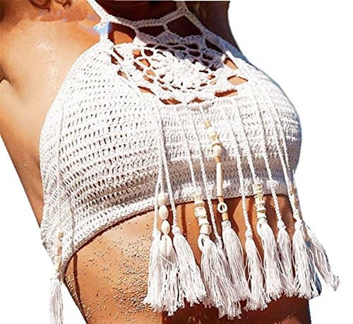 Ebetterr Women's Crochet Halter Bikini Bra Bralette Crop Top White