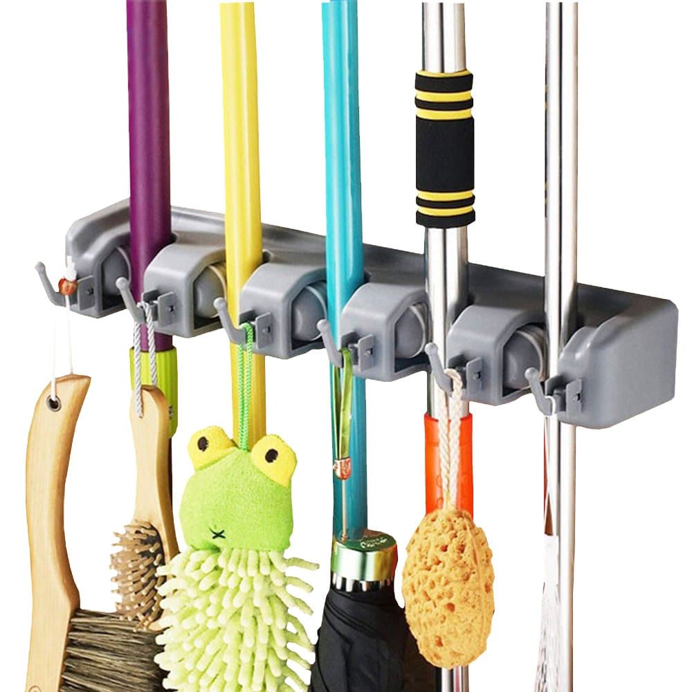Jinberry Multi-Function Wall Mounted Mop Brush Broom Storage Rack Holder with Hooks - 5 Position 6 Hooks
