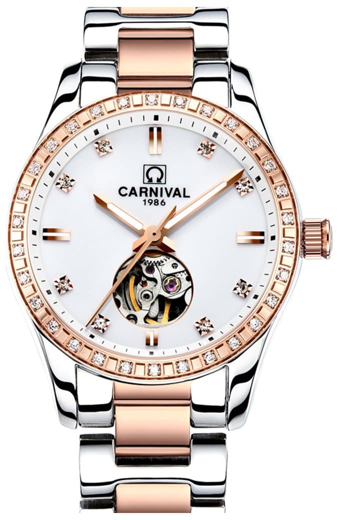 Womens 25 Jewels Automatic with Mineral Mirror Hollow Out Flywheel Luminous Gold Watches White
