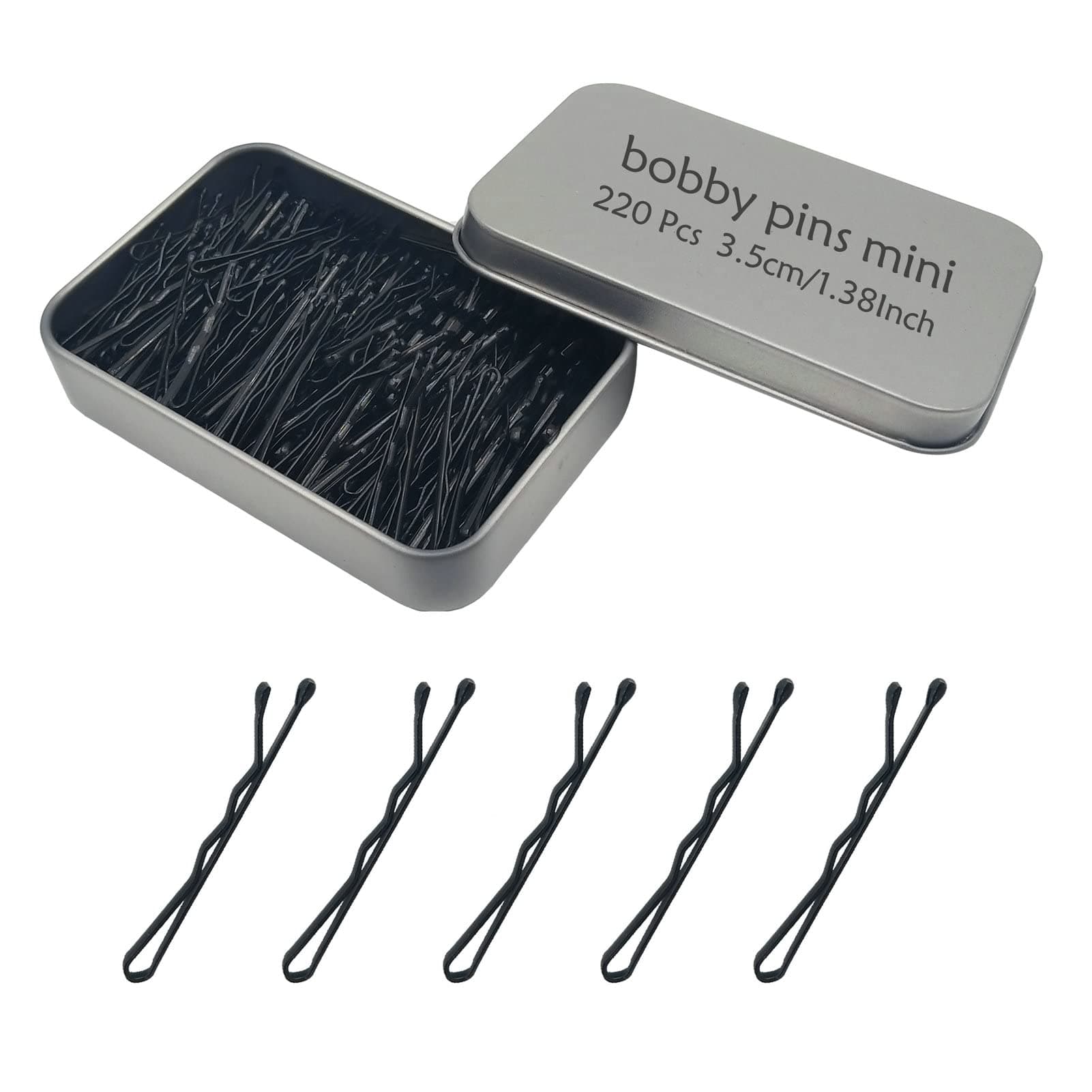 YINGFENG 220 Count Mini Wavy 1.38 Inch bobby pins black, Small Hair Bobby Pins with Storage Box for Updos, Metal Hair Clips for Kids, Girls and Women, Suitable for All Hair Types