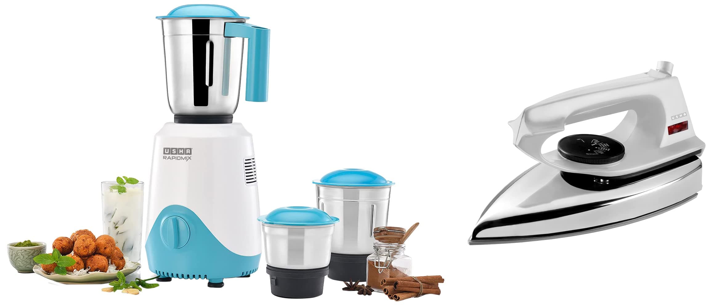 USHA RapidMix 500-Watt Copper Motor Mixer Grinder with 3 Jars (Sea Green/White) & EI 2802 1000 W Ultra light weight Dry Iron with Non-Stick Soleplate (White)