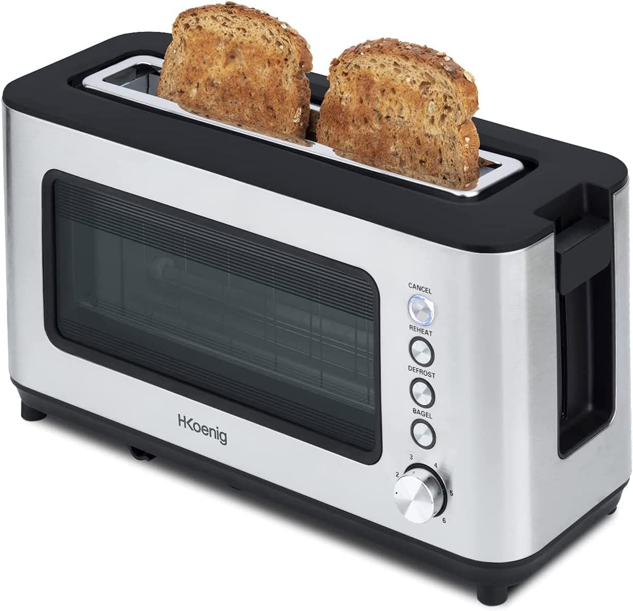 H.KoenigVIEW7 Toaster Toaster with 2 Slices Wide Slots, Transparent Glass Vintage Stainless Steel, 6 Burnishing Levels, Defrosting, Bread Pastries, Auto Centring, Easy Cleaning
