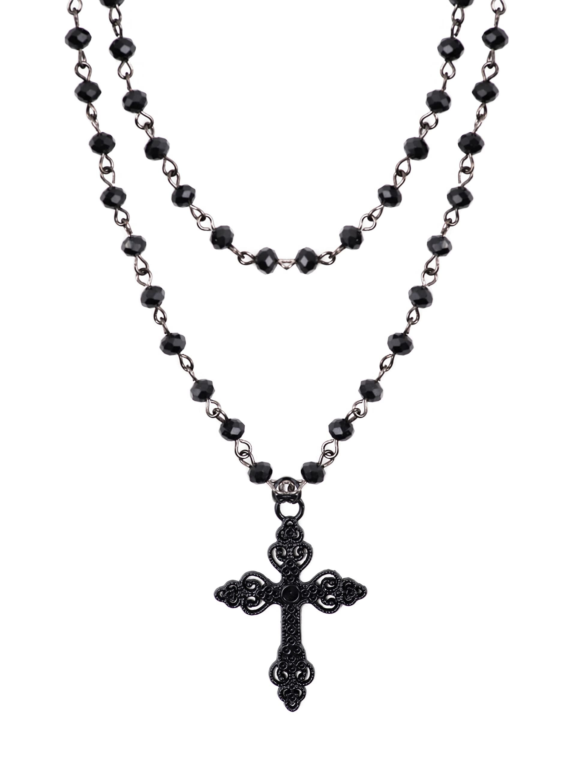 Gothic Layered Cross Choker Necklace, Black Bead Cross Choker, Gothic Emo Grunge Necklace, Costume Jewelry, Halloween Christmas Jewelry Gift for Women