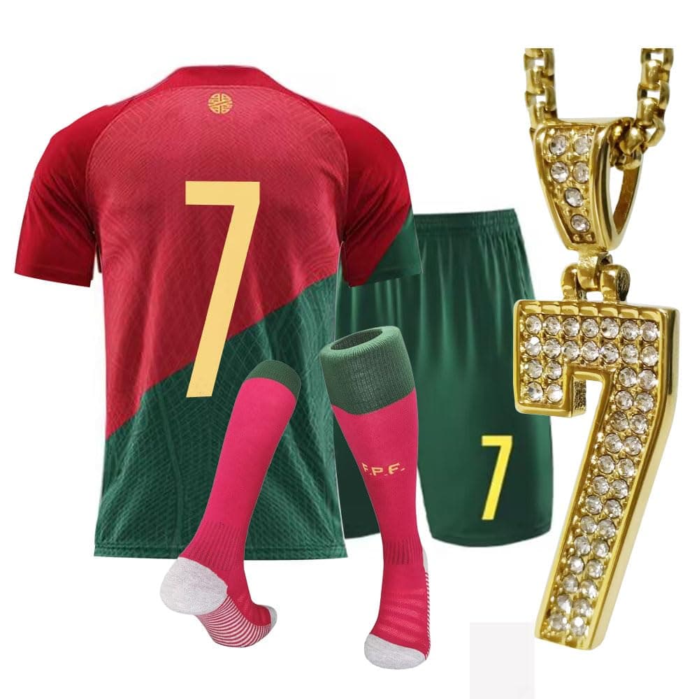 URAISEUSBoy's soccer jersey kids children's sportswear youth football uniforms with socks and #7 necklaces