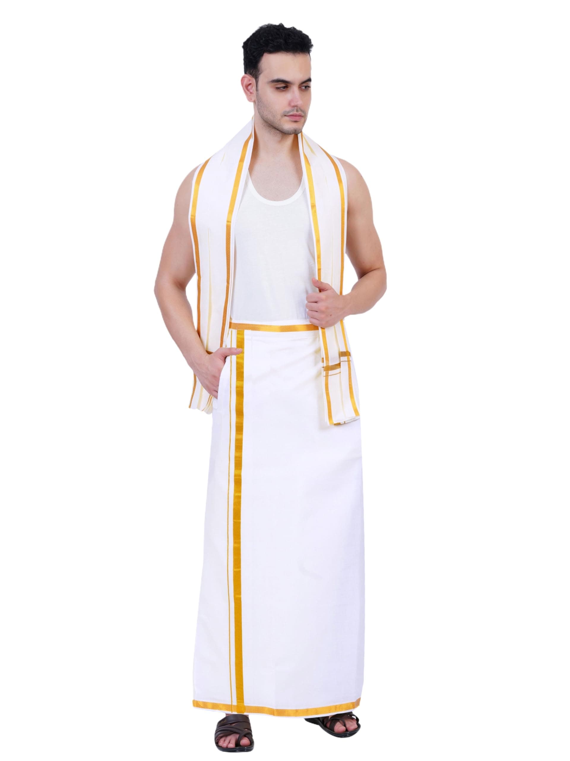 Mens White Colour Zari Cotton Welcro Pocket Dhoti with Matching Towel