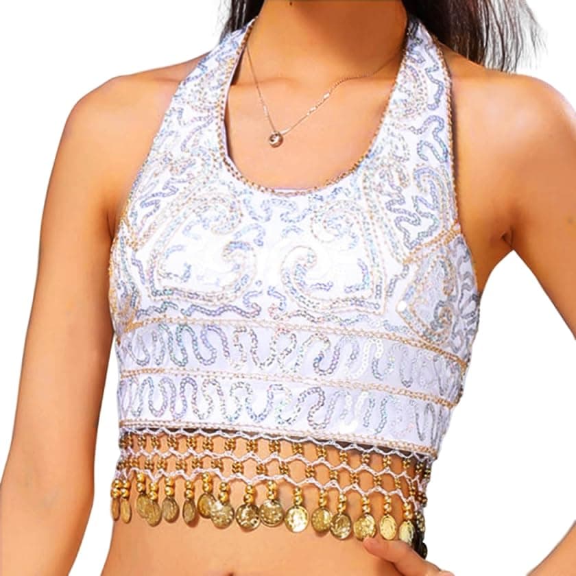 Belly Dance Sequin Crop Top Coin Tassel Rave Carnival Costume Bra Tops for Women