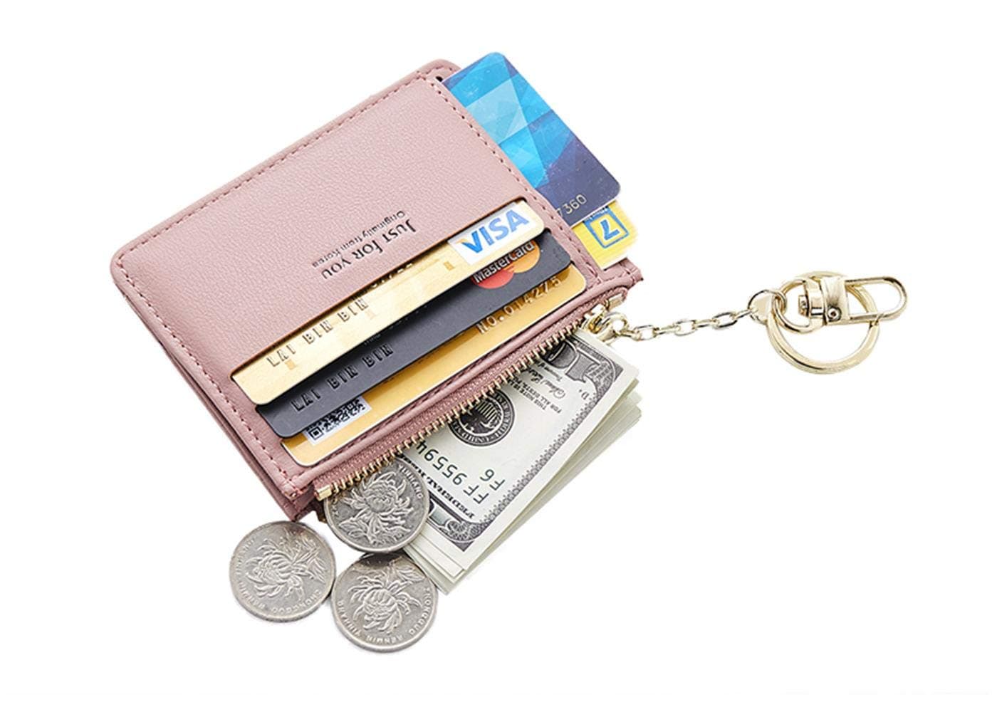 Small Wallets for Women, Slim Pocket Wallet Lady Mini Purse Leather Card Case Short Wallet with Keychain (A-Pink)