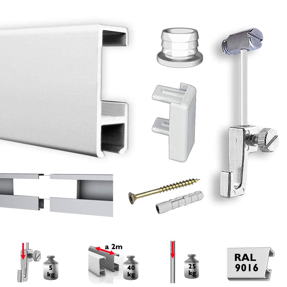 Picture Rail 3 m System for Hanging Pictures with Slider, Gallery Rail Set White + Tools